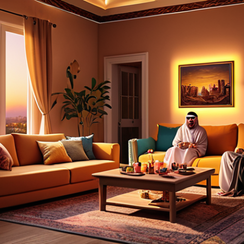 Home 4 **
"A cozy living room at sunset, illuminated with warm, inviting smart lighting. A family is gathered, enjoying tea and conversation. The scene reflects comfort and relaxation, highlighting the customizable colors and brightness of smart home lighting in an Arabic home setting."
**