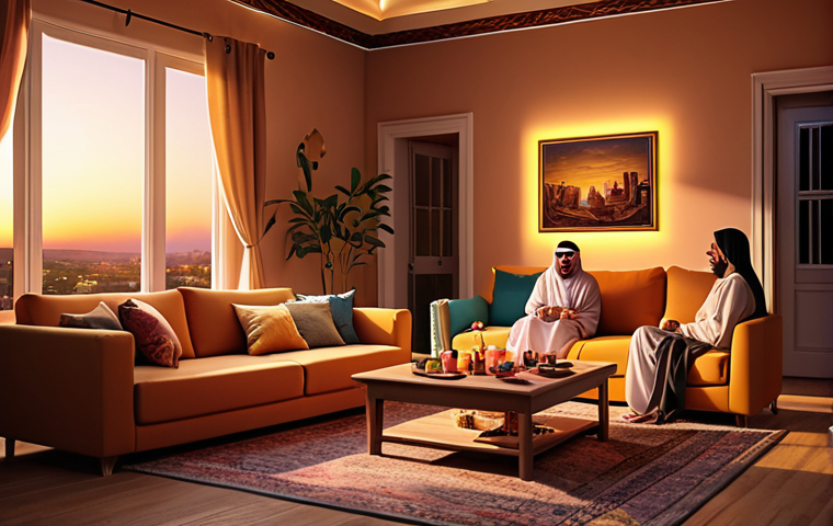 **
"A cozy living room at sunset, illuminated with warm, inviting smart lighting. A family is gathered, enjoying tea and conversation. The scene reflects comfort and relaxation, highlighting the customizable colors and brightness of smart home lighting in an Arabic home setting."
**